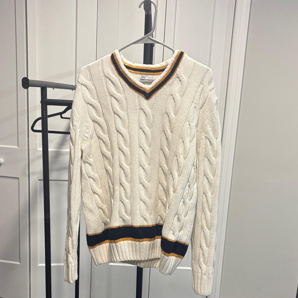 Zara Men's V-Neck Cream Sweater with Black and Gold Trim